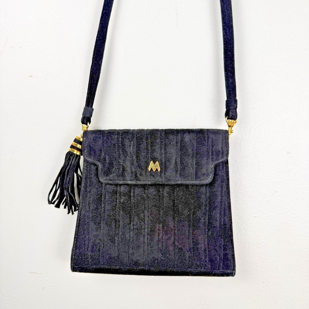 Vintage Mary Ann Rosenfeld Shoulder Bag Women's Black Suede Quilted Tasseled